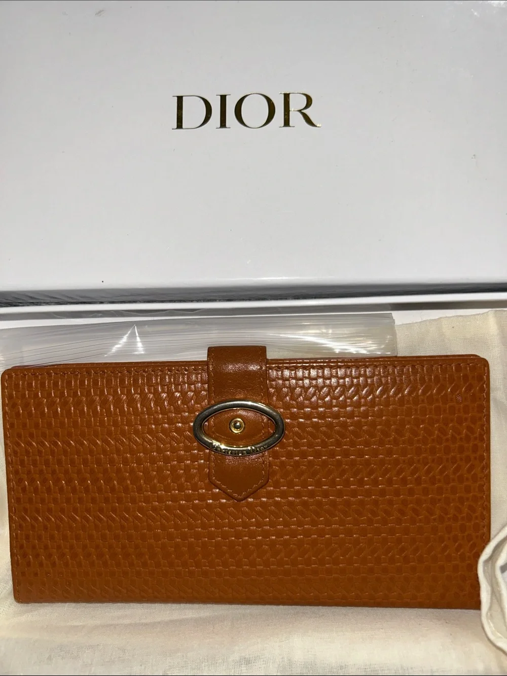 Dior Orange Textured Leather Long Wallet with Gold Oval Clasp